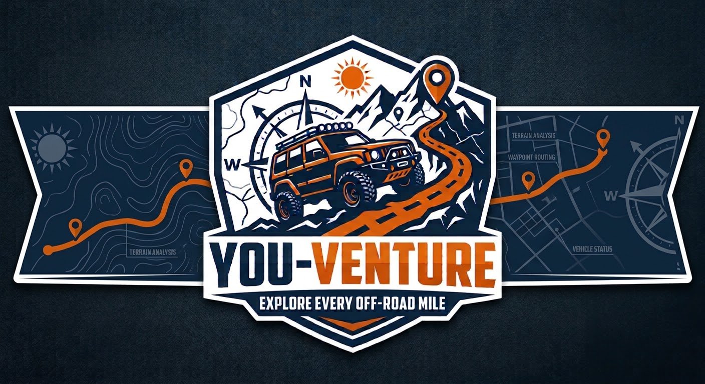 You-Venture logo — an orange 4x4 climbing toward a location pin, between trail maps. Tagline: Explore every off-road mile.